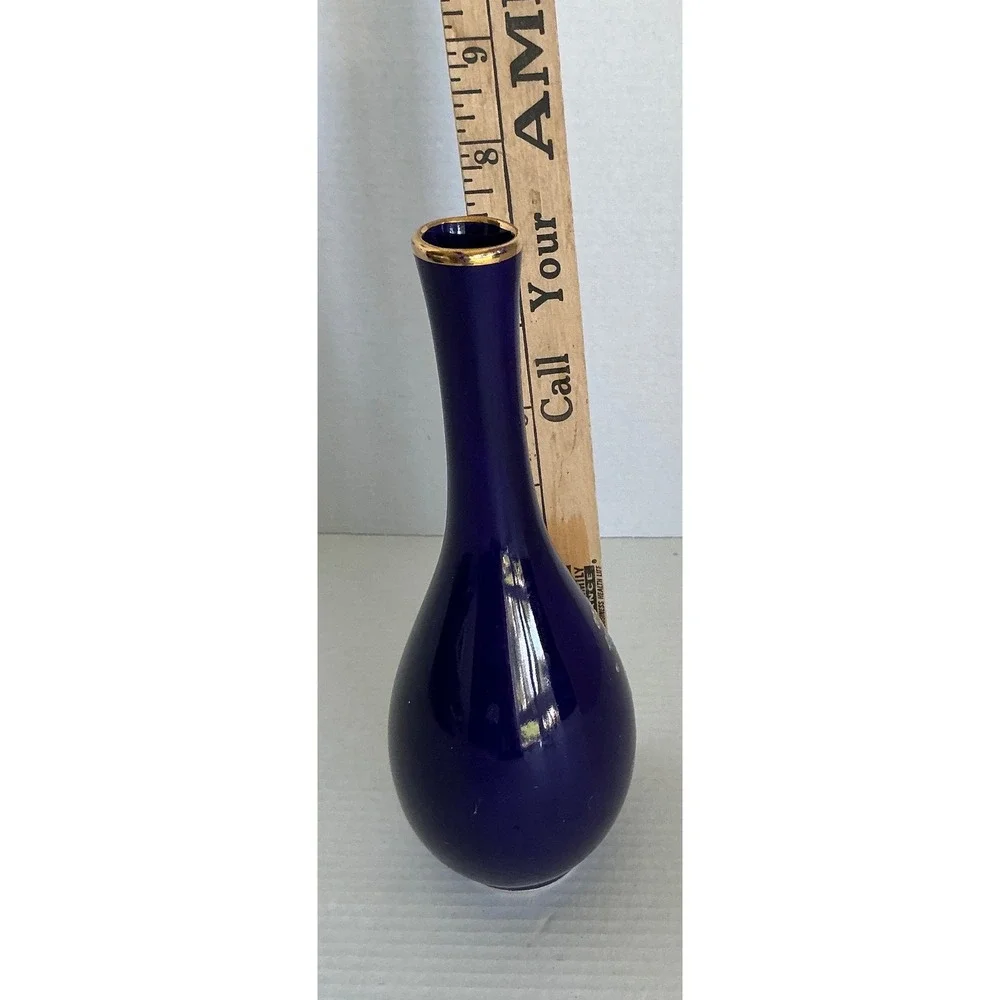 Cobalt Blue Porcelain Bud Vase Floral Gold Trim‎ 8 Inch Long Neck Decor